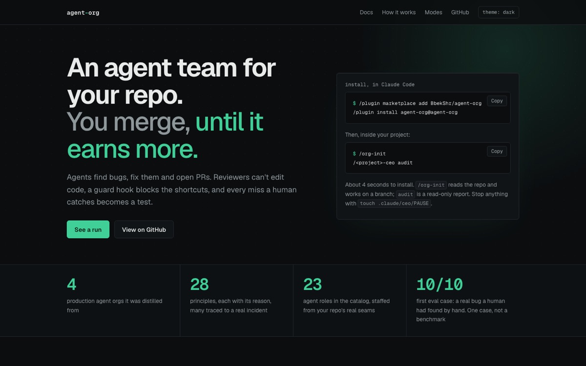 agent-org site with the install commands